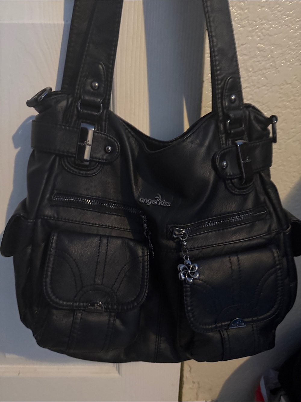 Angel Kiss Black Faux Leather Shoulder Bag with Front Pockets